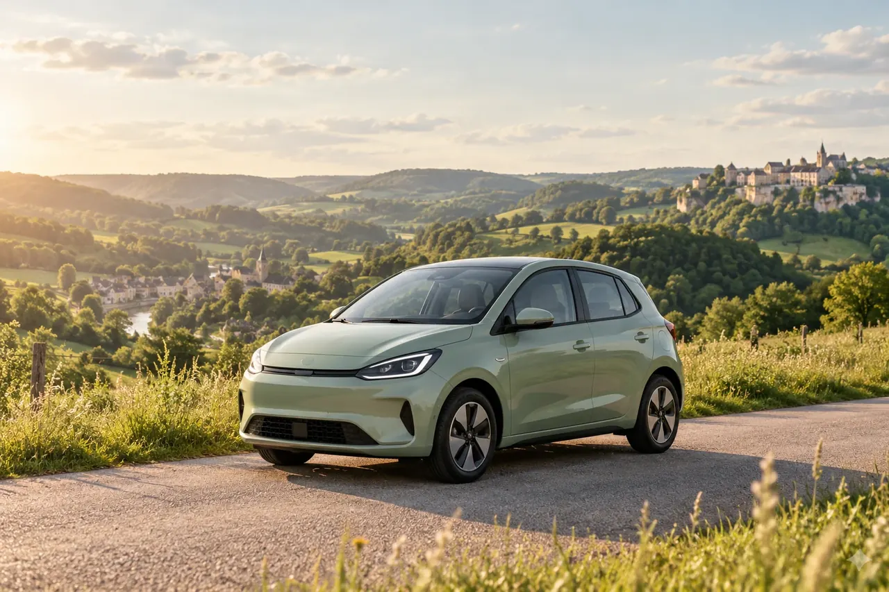 Konzeptbild vun engem Elektroauto op enger Strooss zu Lëtzebuerg
