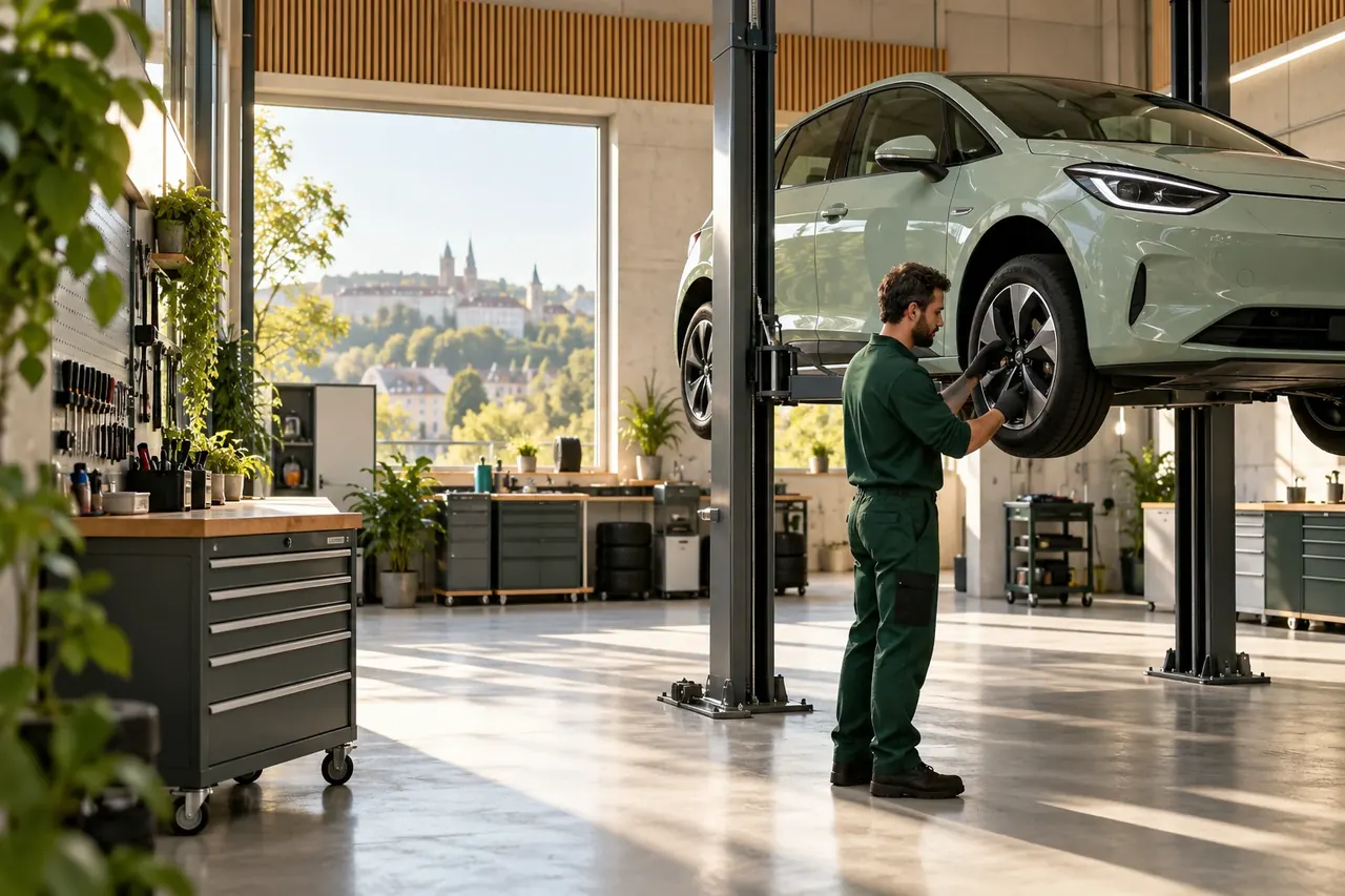 Konzeptbild vun engem hellen Autosatelier mat engem Gefier am Ënnerhalt